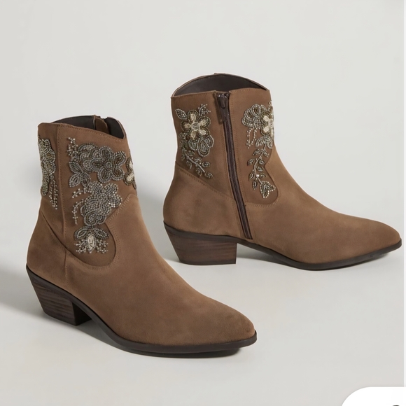 Anthropologie Floral Suede Brown Western Boots Embellished Beaded. Size 9 - Picture 2 of 7